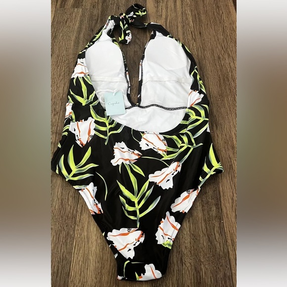 CUPSHE Black Floral Halter Plunging One Piece Swimsuit Size XL Bathing Suit NEW - Picture 6 of 10